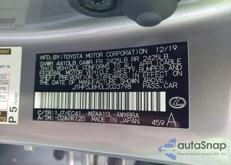 2020 Lexus Ux 200 z USA, uszkodzony, nr VIN JTHP3JBH0L2023798